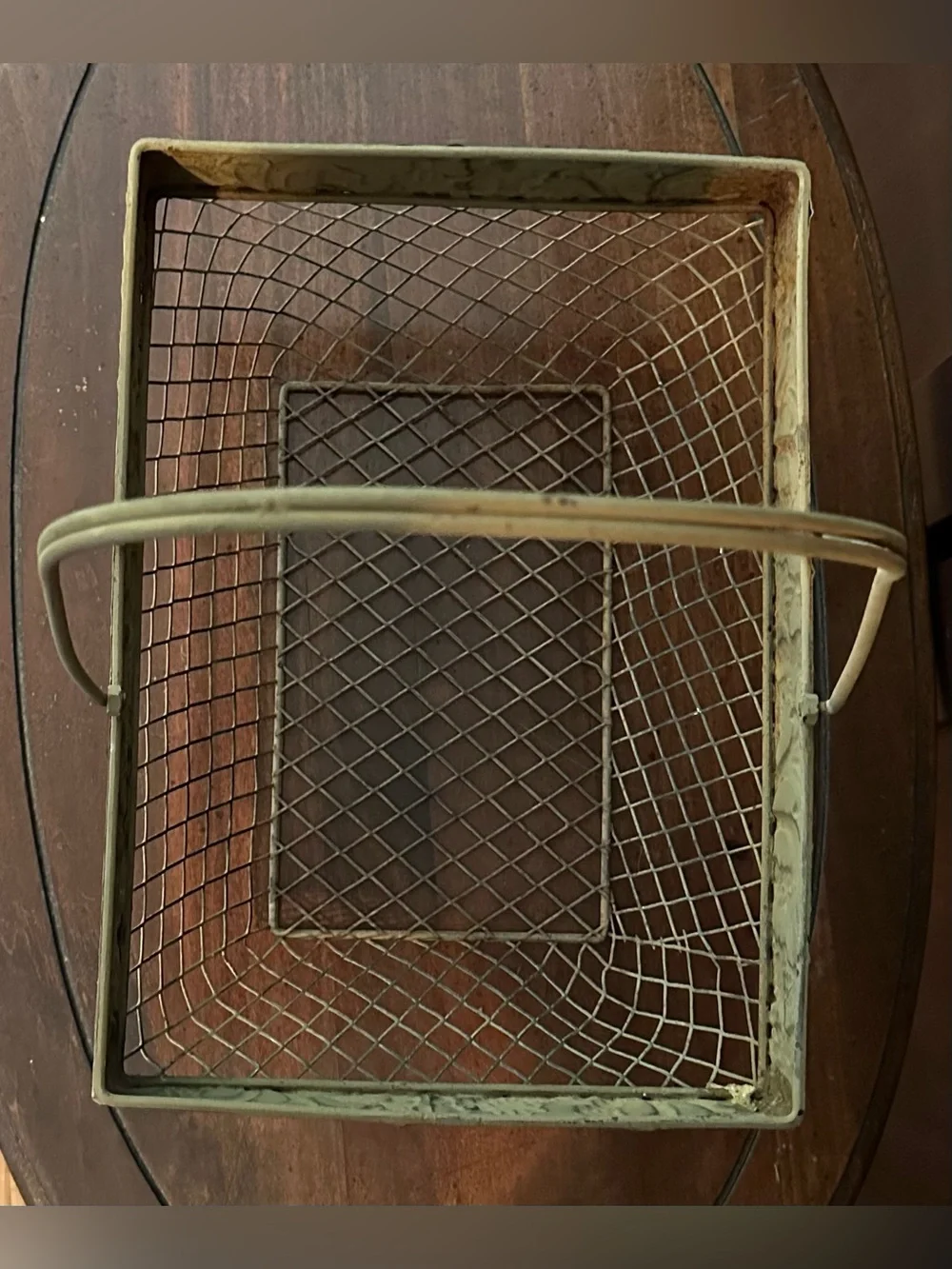 Metal • wire basket • fused handle • painted to look distressed